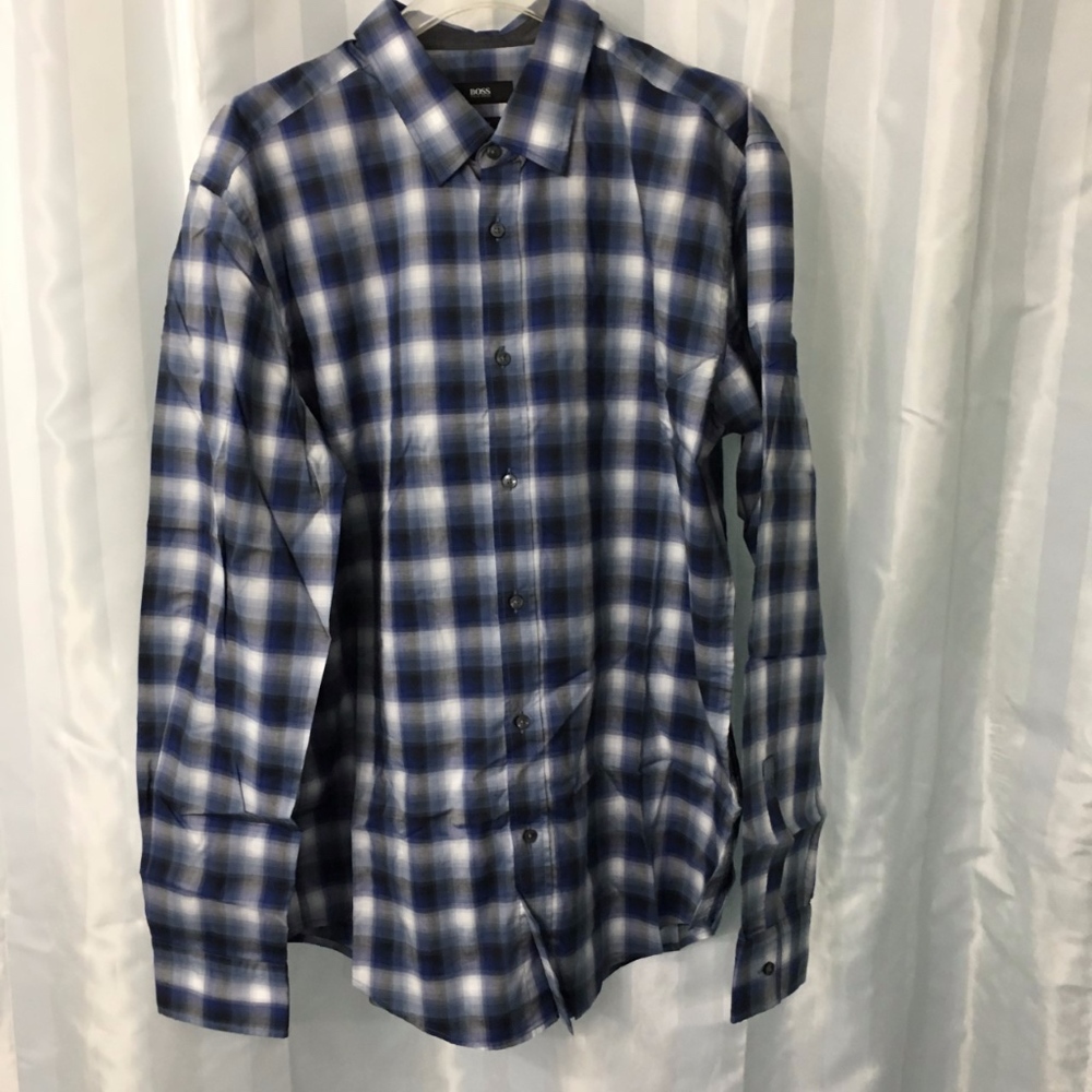 Hugo Boss Blue Plaid Men's Shirt, Size XL